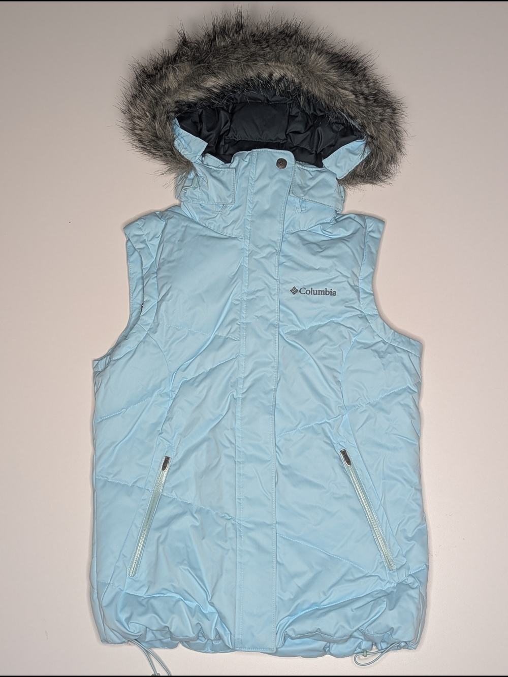 Columbia Women's Light Blue Hooded Puffer Vest with Faux Fur Trim